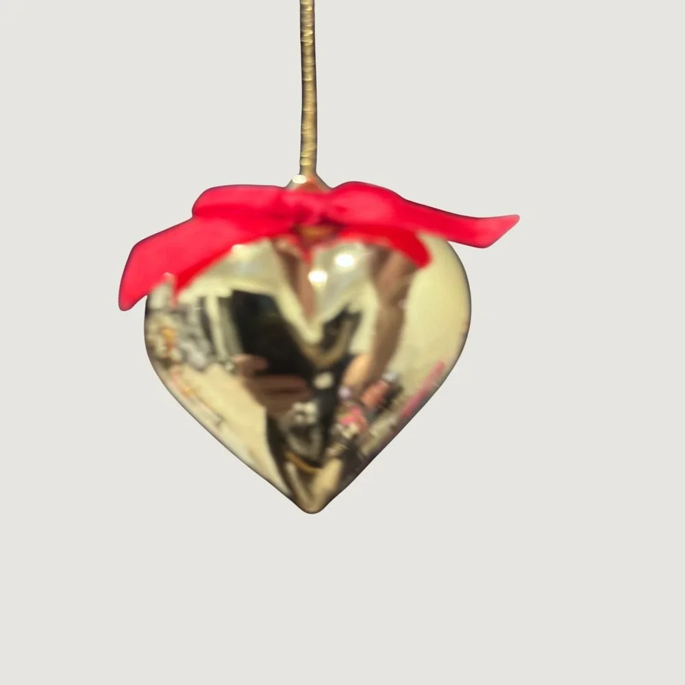 Gold‎ Heart Christmas Ornament with Red Bow Metallic  Holiday Decor